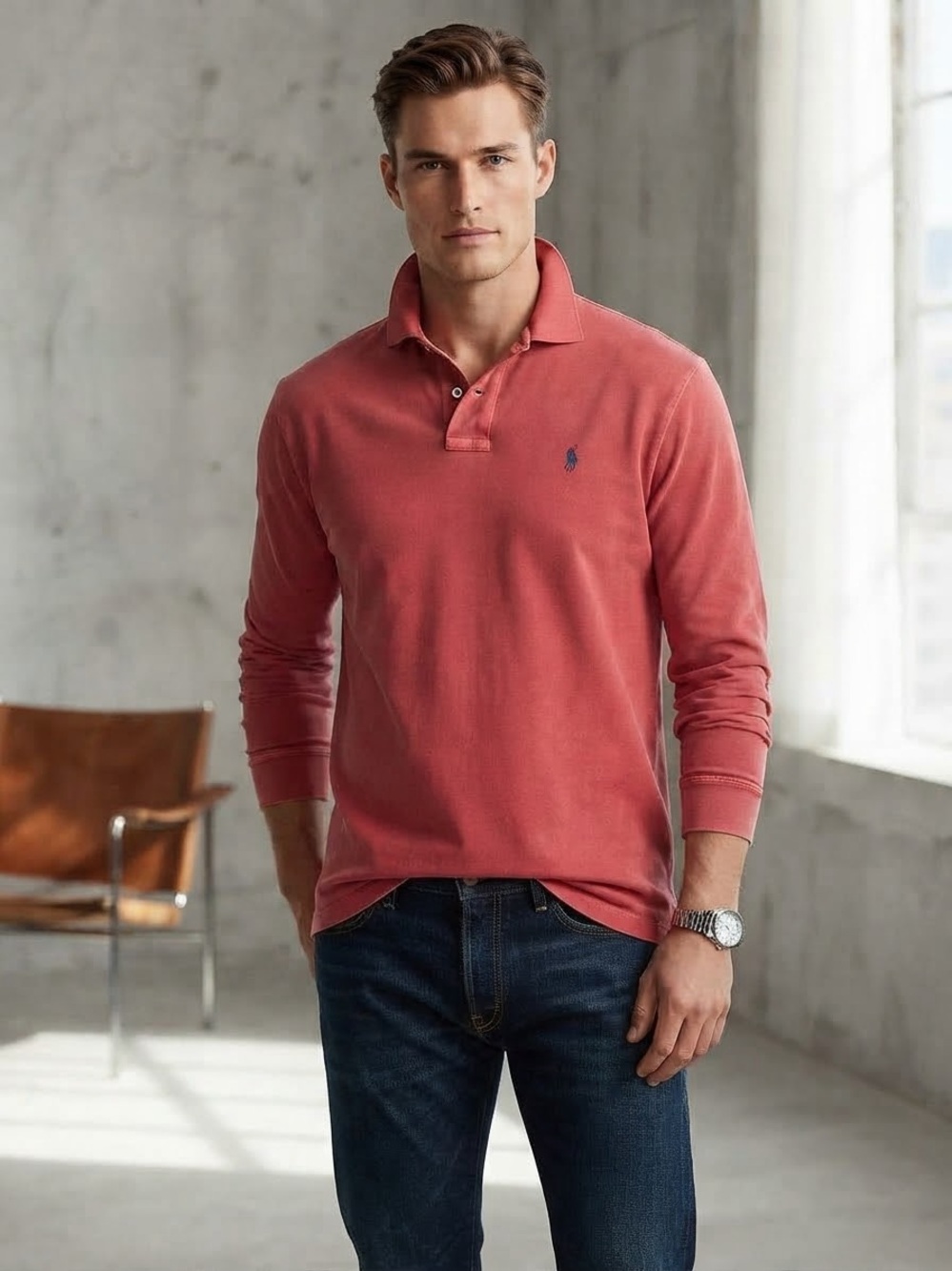 Ralph Lauren Long-Sleeve Polo in Coral Red with Green Pony Logo on Chest